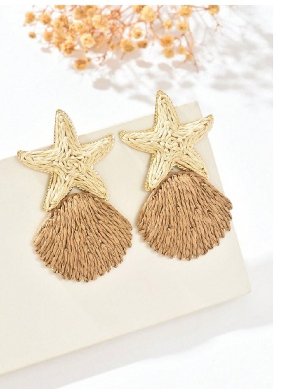 Straw Starfish & Shell Sea Life Earrings - Picture 6 of 7